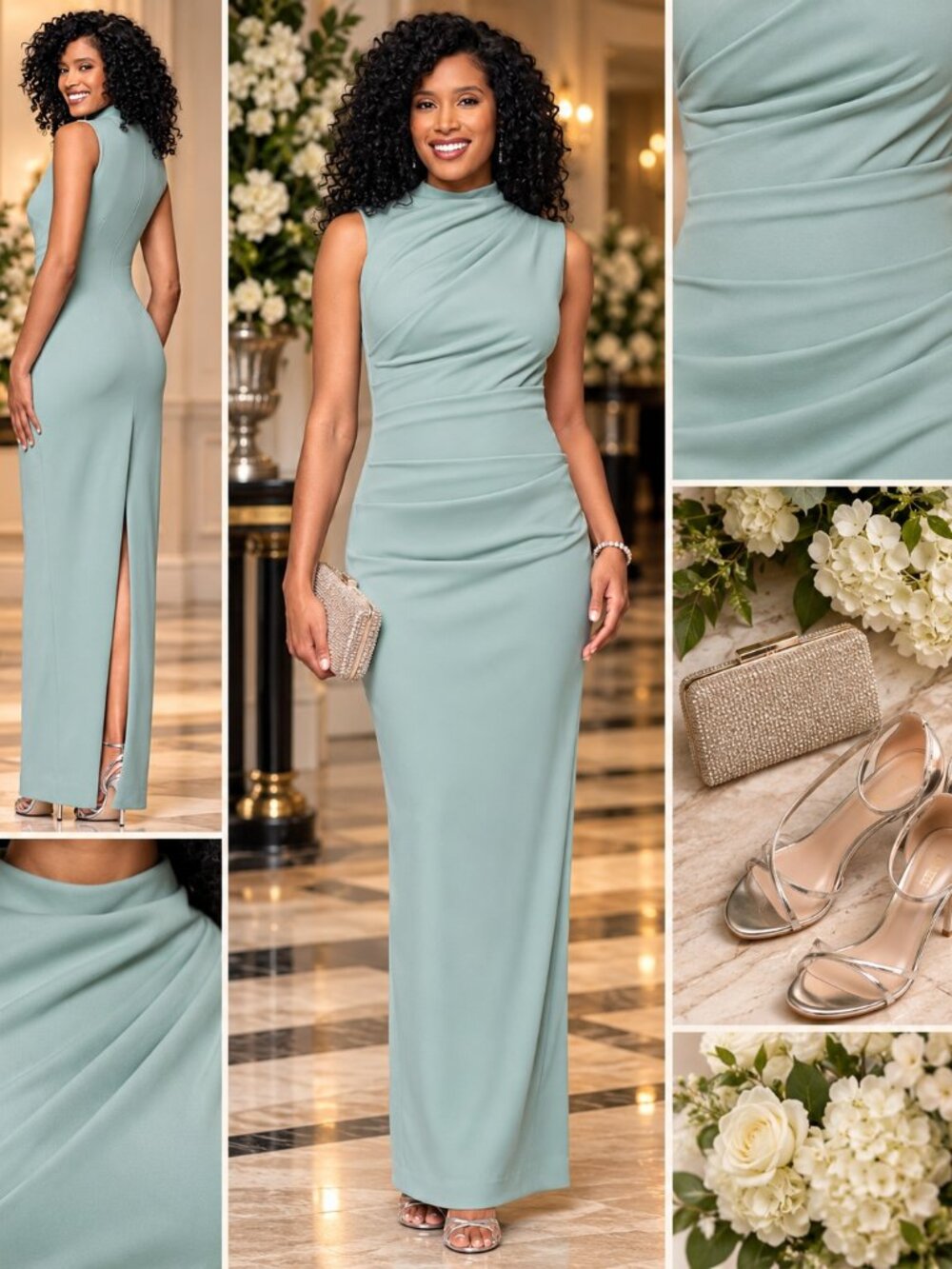 Betsy & Adam Petite Sage Mock Neck Ruched Formal Gown 8P NWT
